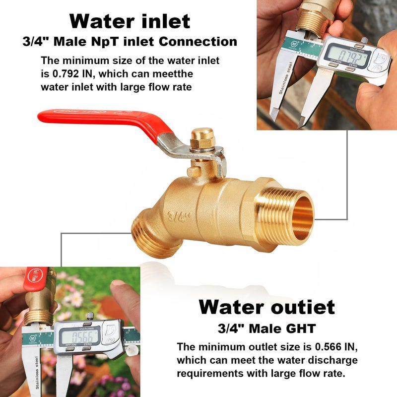 YELUN Brass Ball Valve Full Flow Male Hose Bibb 3/4" Male NPT Inlet Connection with 3/4" GHT Water Hose Outlet Heavy-Brass Faucet for Gardens and patios (Long and Butterfly 2PCS) - Image 4